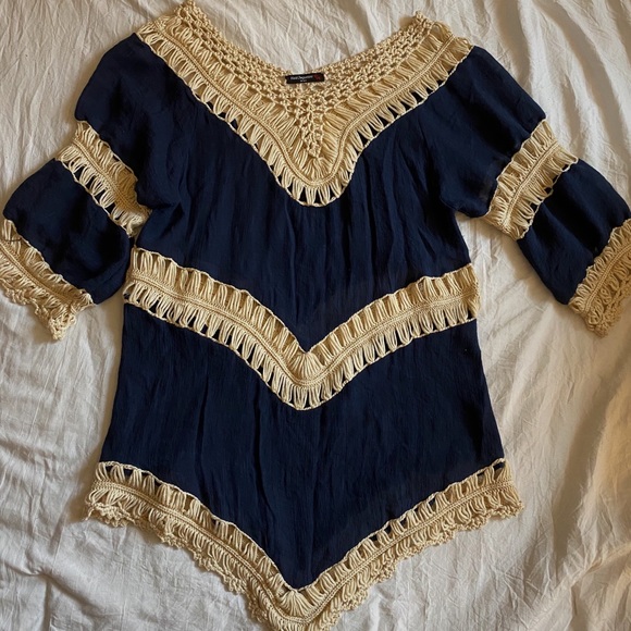Tops - Navy Blue/Tan Boho Top